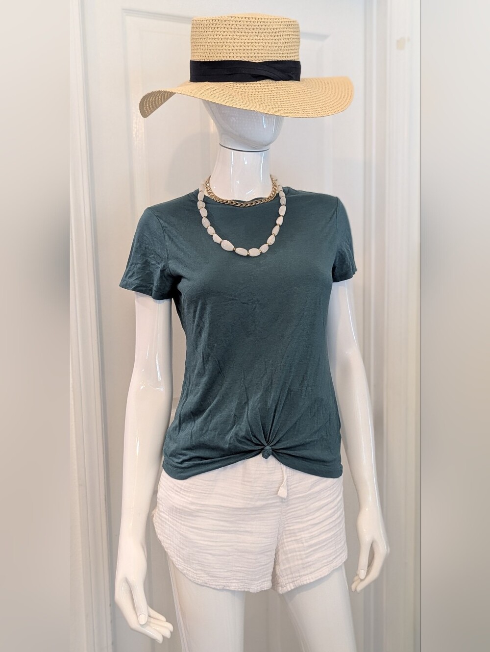 Heather Green Cotton Blend Knot Front Short Sleeve Tee S